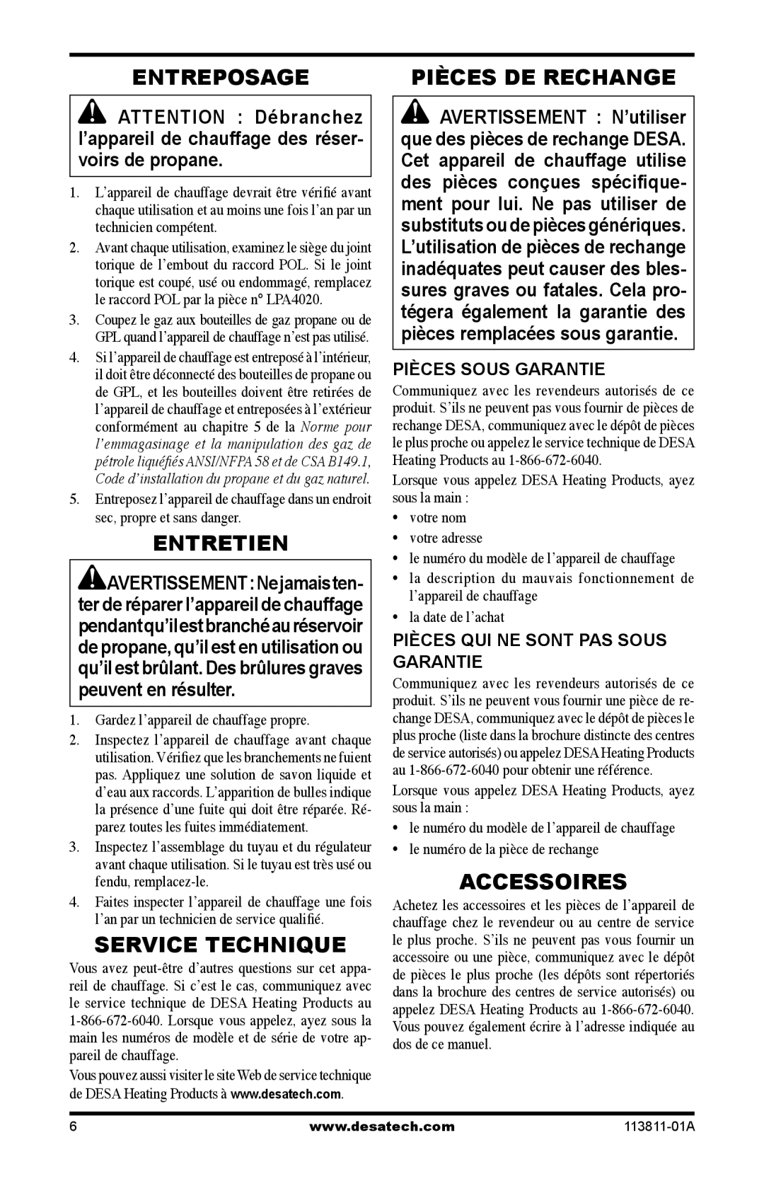 Desa 75-200, 30-80 owner manual Entreposage, Entretien, Service Technique, Accessoires, Pièces DE Rechange 