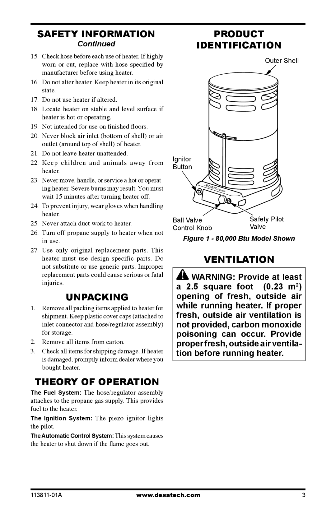 Desa 30-80, 75-200 owner manual Unpacking, Theory of Operation, Product Identification, Ventilation 