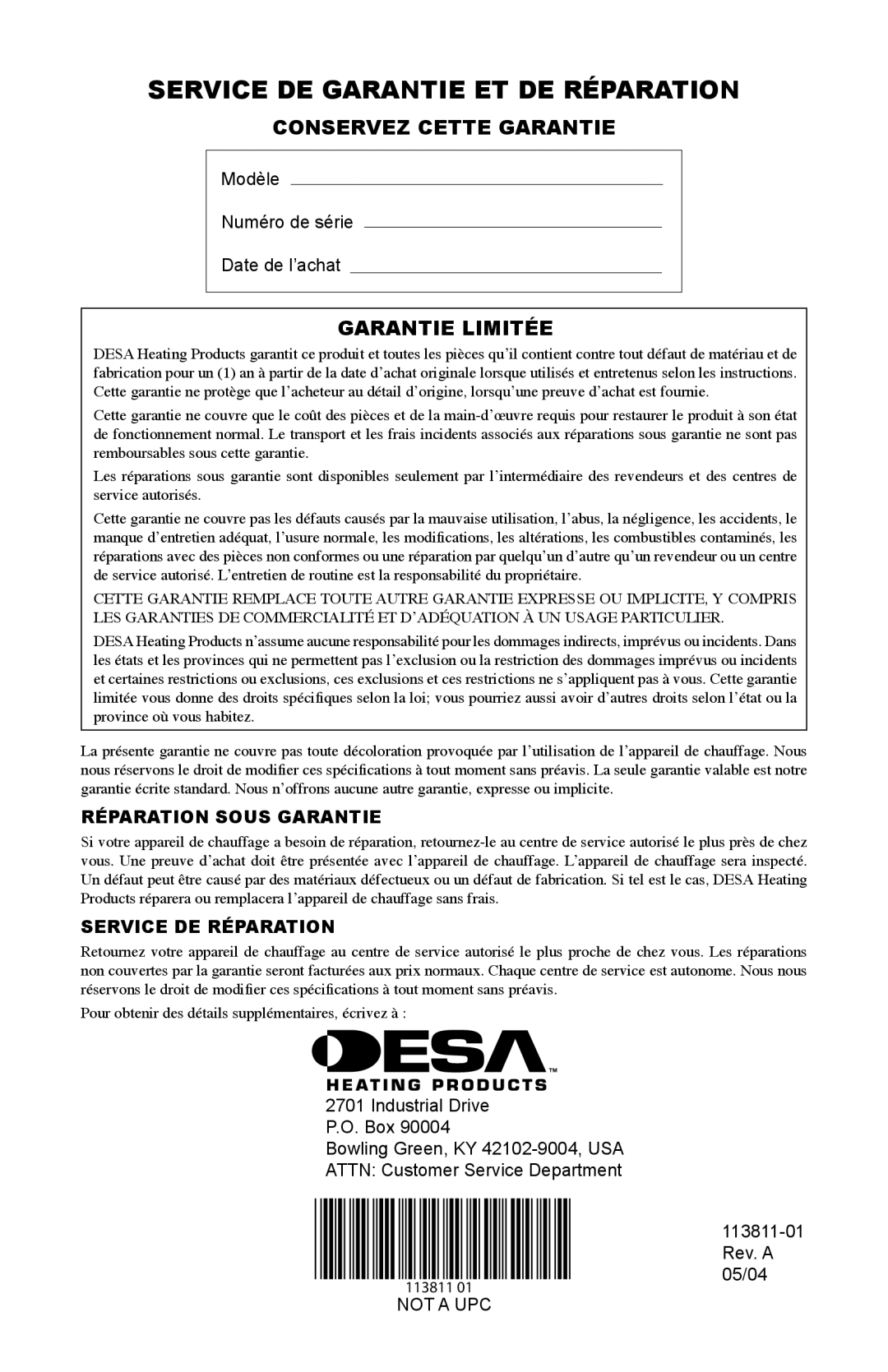 Desa 75-200, 30-80 owner manual Service DE Garantie ET DE Réparation, Conservez Cette Garantie, Garantie Limitée 