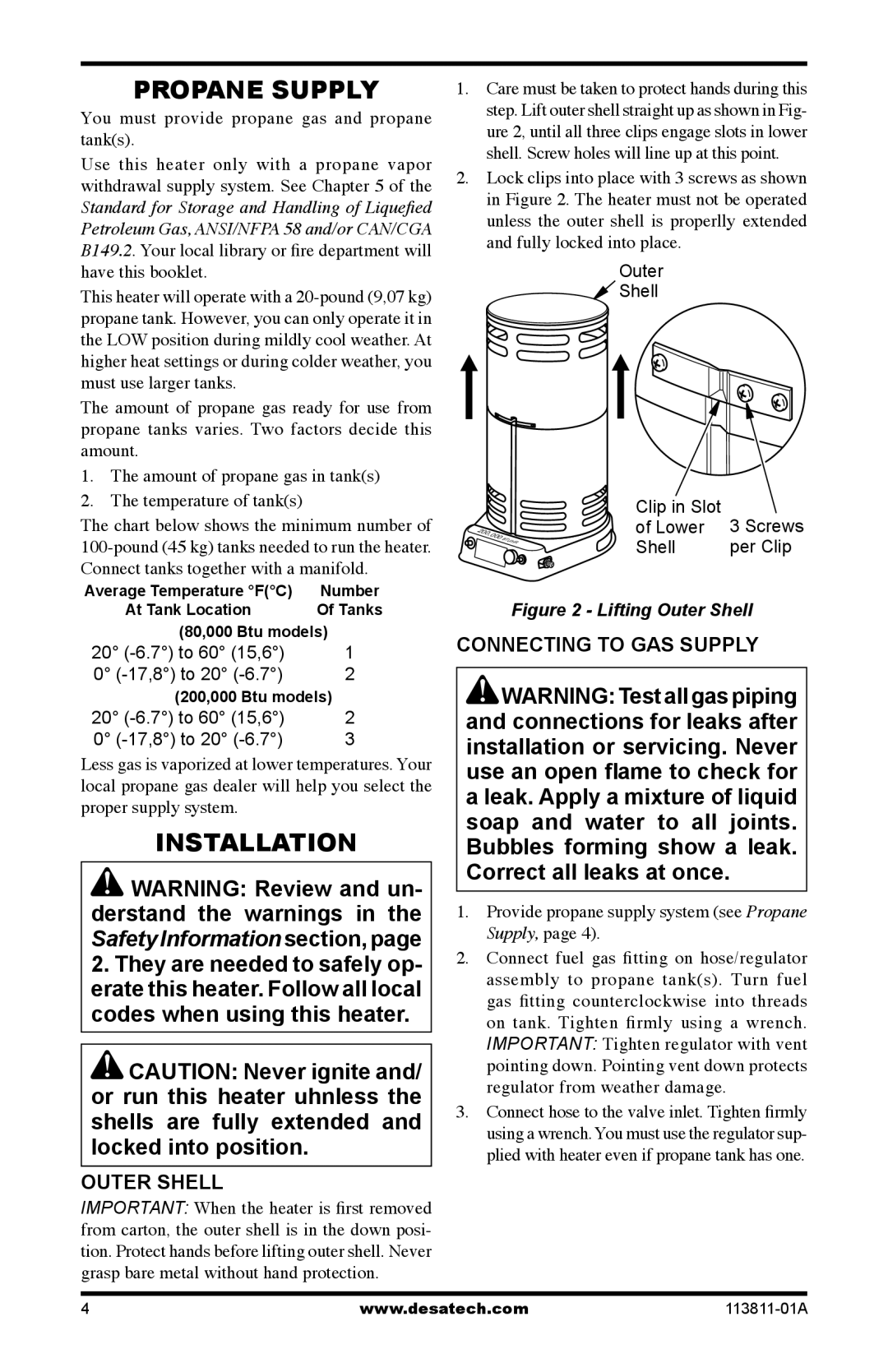 Desa 75-200, 30-80 owner manual Propane Supply, Installation, Outer Shell, Connecting to GAS Supply 