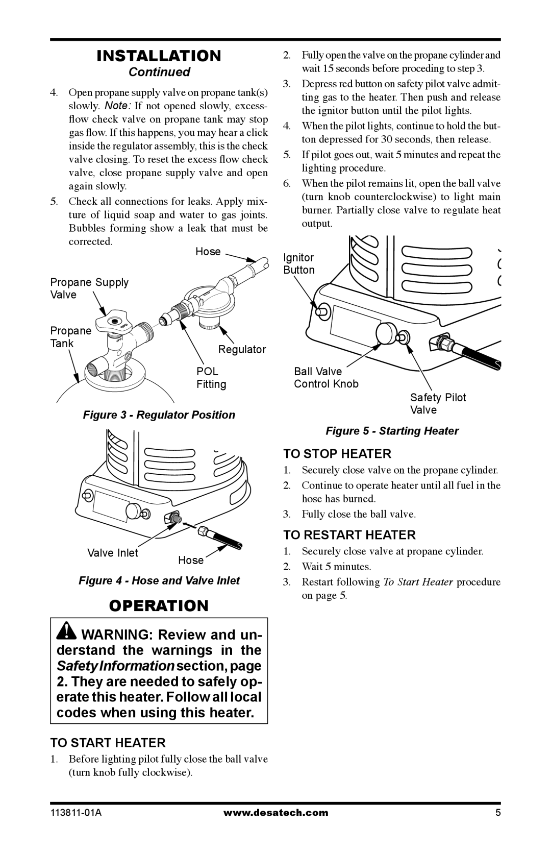 Desa 30-80, 75-200 owner manual Operation, To Start Heater, To Stop Heater, To Restart Heater 