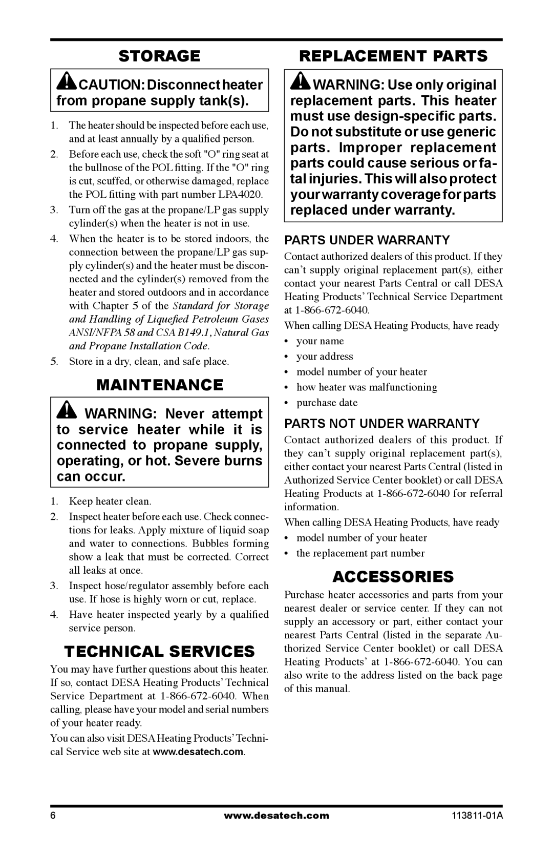 Desa 75-200, 30-80 owner manual Storage, Maintenance, Technical Services, Replacement Parts, Accessories 