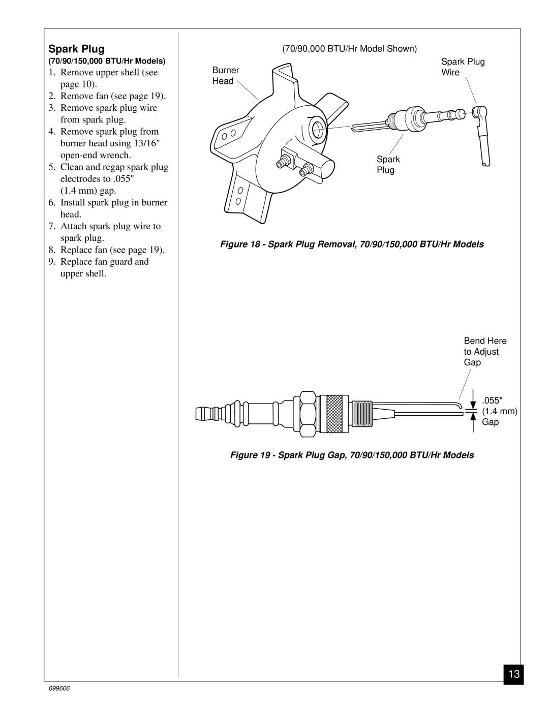 Desa 30 owner manual Spark Plug Removal, 70/90/150,000 BTU/Hr Models 