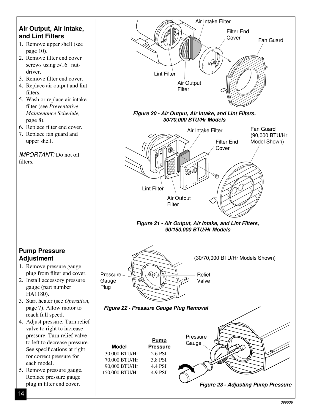 Desa 70, 90, 30 owner manual Air Output, Air Intake, and Lint Filters, Pump Pressure Adjustment 