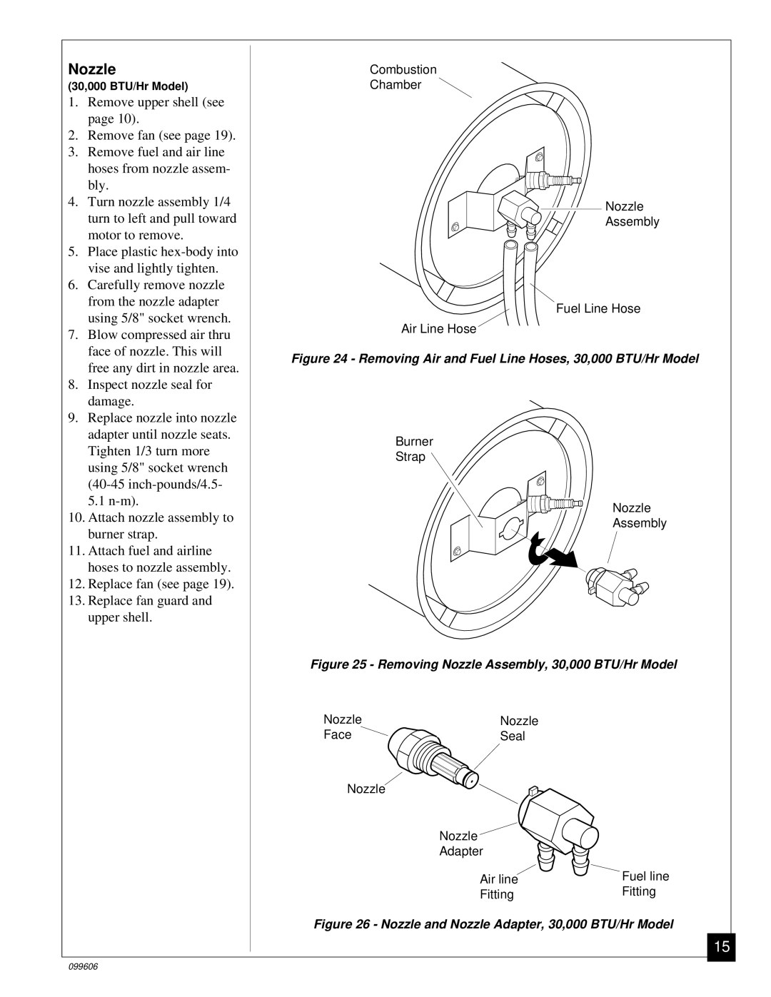 Desa 90, 70 owner manual Nozzle, Removing Air and Fuel Line Hoses, 30,000 BTU/Hr Model 