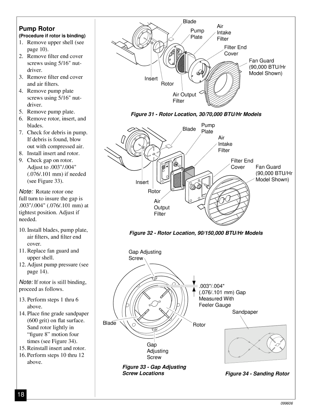 Desa 90 owner manual Pump Rotor, Rotor Location, 30/70,000 BTU/Hr Models 