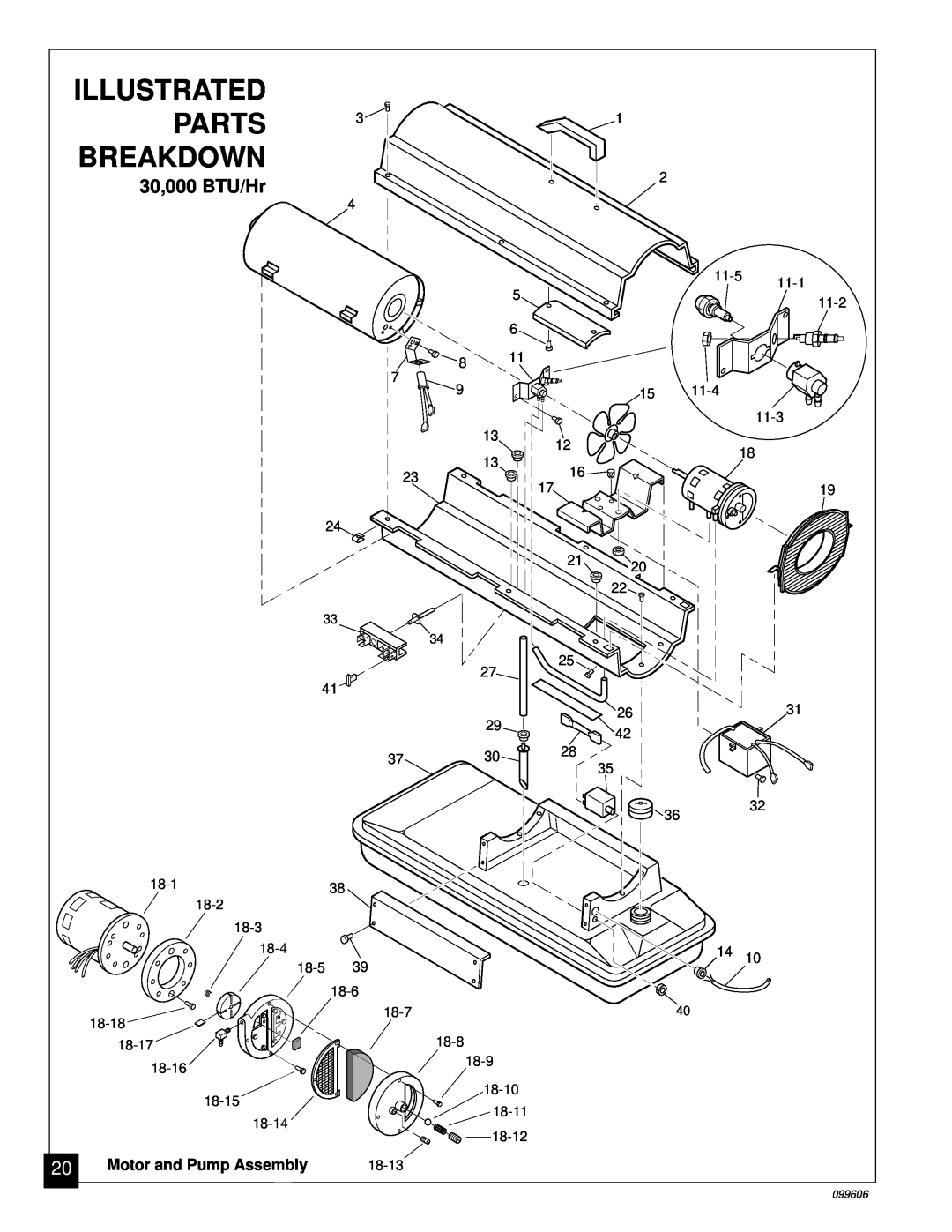 Desa 70, 90 owner manual Parts, Breakdown, Illustrated, 30,000 BTU/Hr, Motor and Pump Assembly 