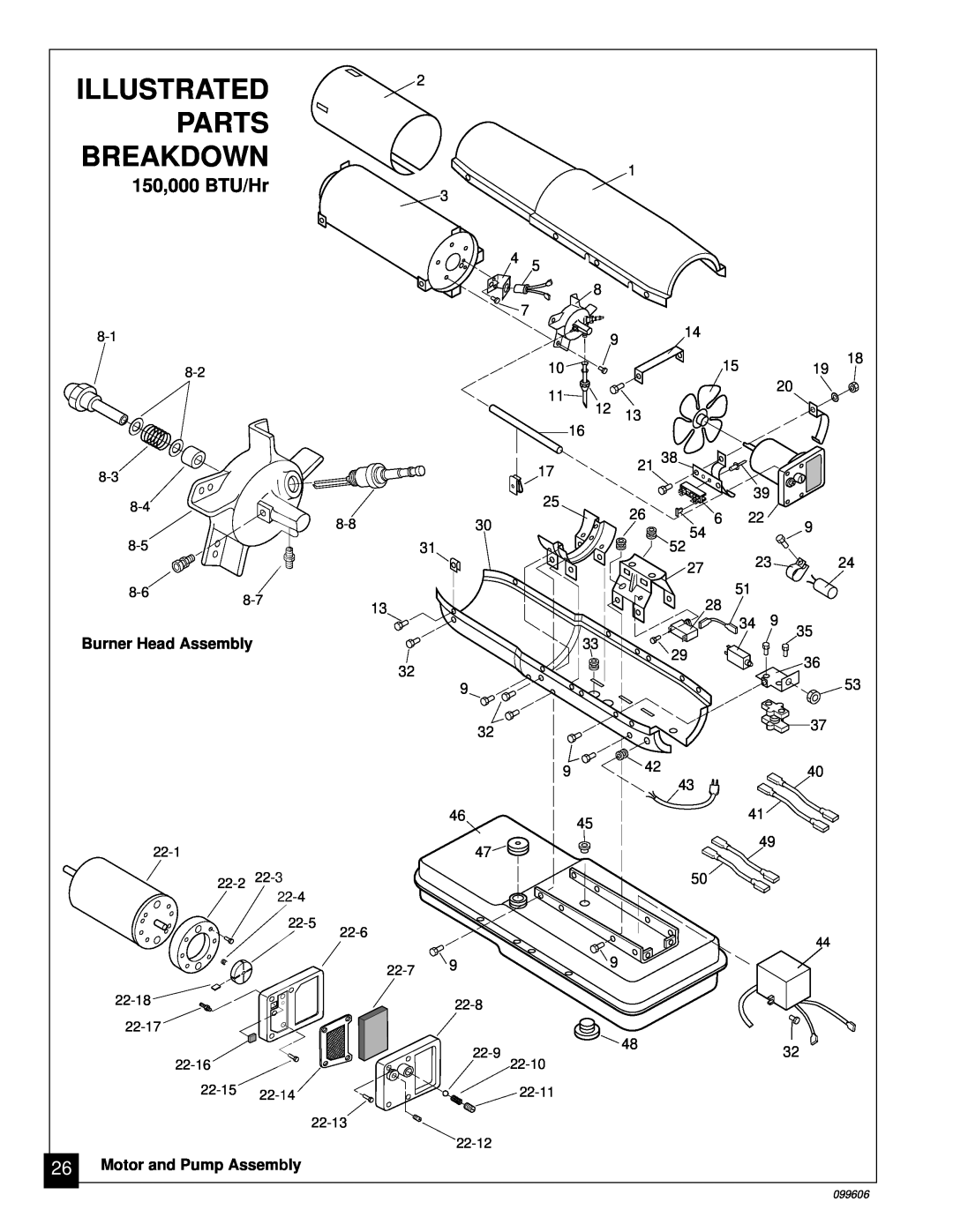 Desa 70, 90, 30 owner manual Illustrated, Parts, 150,000 BTU/Hr, Breakdown, Burner Head Assembly, 26Motor and Pump Assembly 