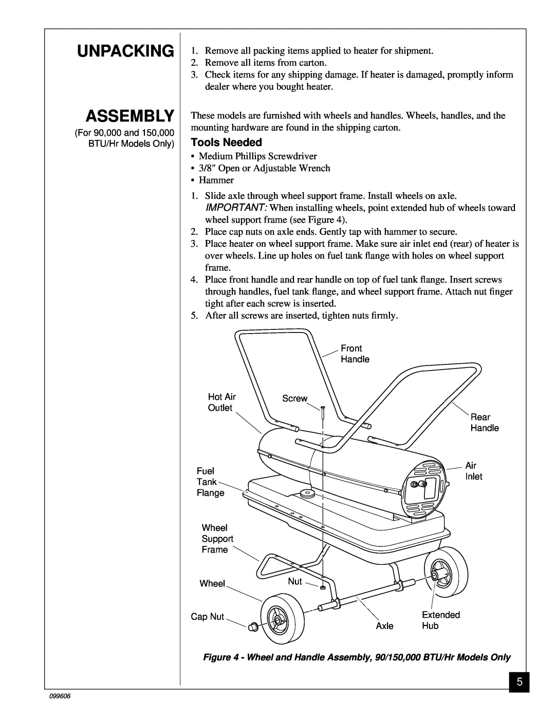 Desa 70, 90, 30 owner manual Unpacking Assembly, Tools Needed 