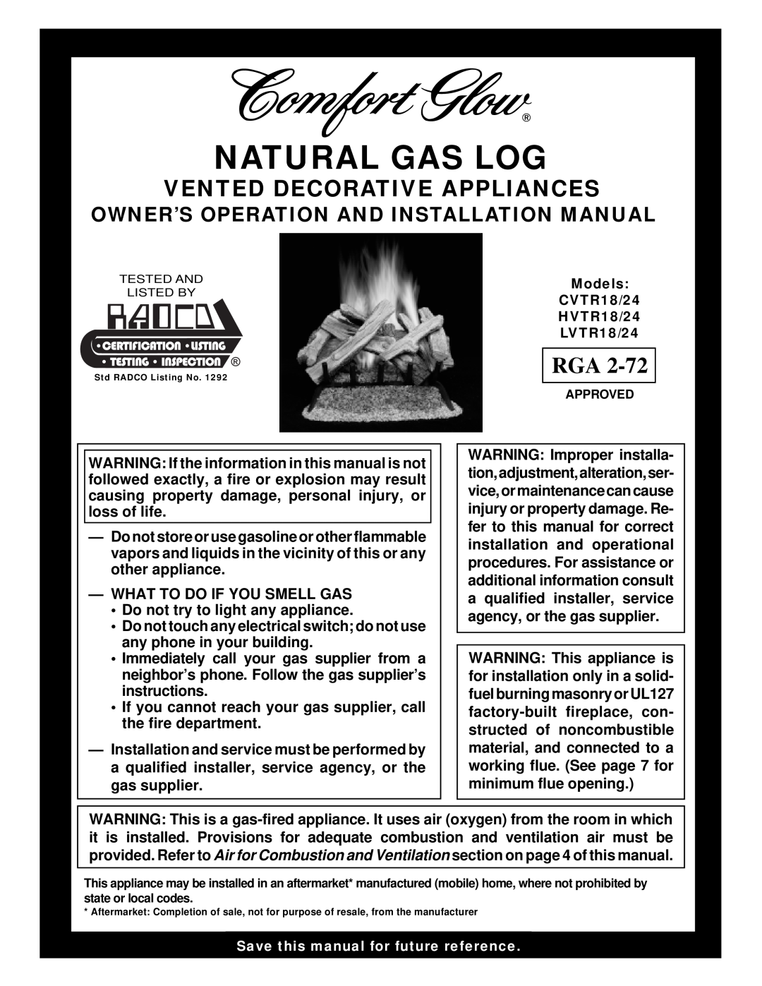 Desa 901910-01A.pdf installation manual Vented Decorative Appliances, Natural Gas Log 