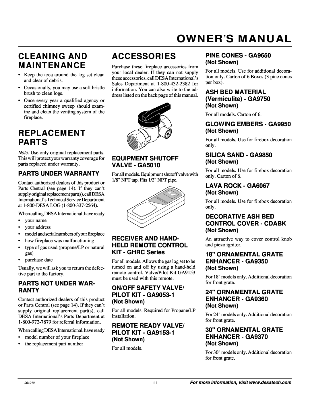 Desa 901910-01A.pdf installation manual Cleaning And Maintenance, Replacement Parts, Accessories 