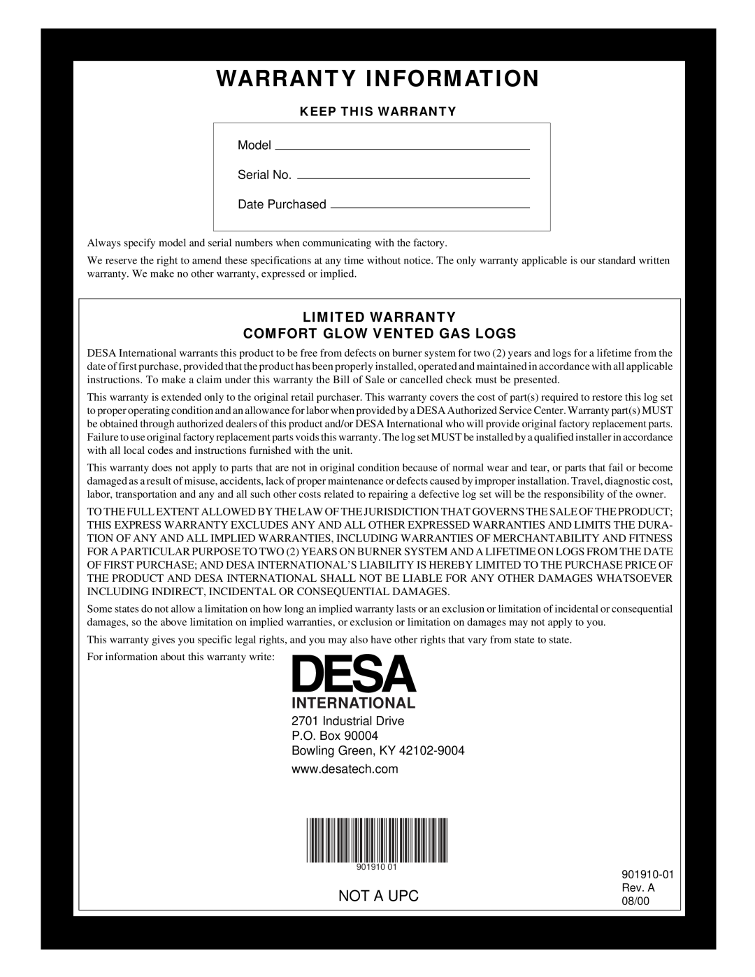 Desa 901910-01A.pdf installation manual Warranty Information, Not A Upc, International 