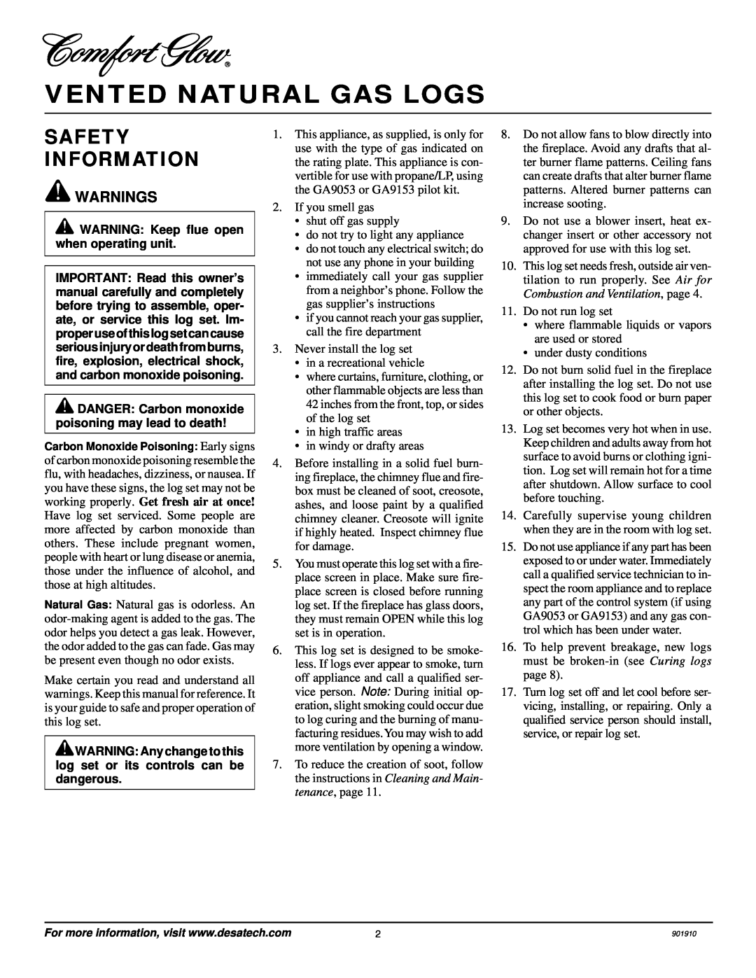 Desa 901910-01A.pdf installation manual Vented Natural Gas Logs, Safety Information 