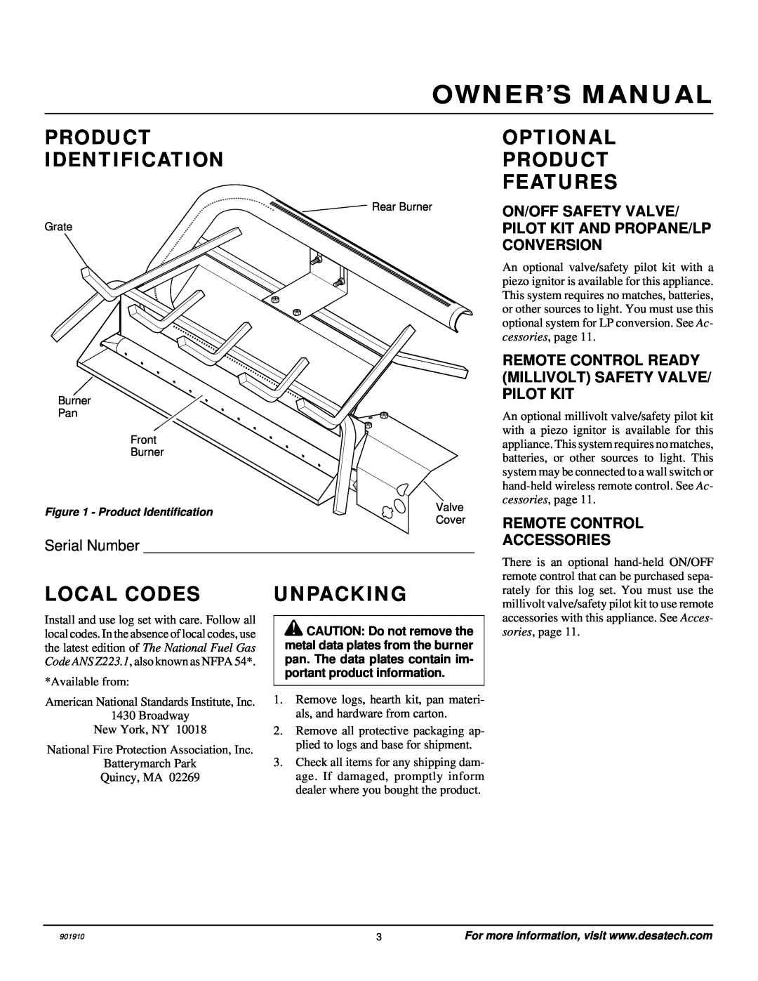 Desa 901910-01A.pdf installation manual Product Identification, Local Codes, Unpacking, Optional Product Features 