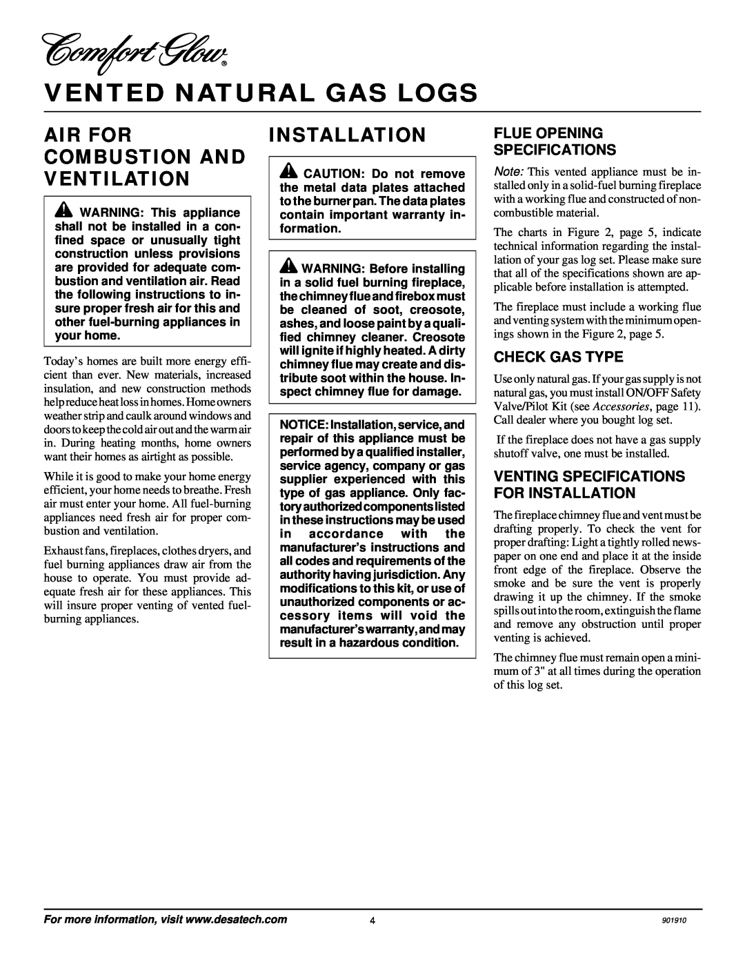 Desa 901910-01A.pdf Air For Combustion And Ventilation, Installation, Vented Natural Gas Logs, Flue Opening Specifications 