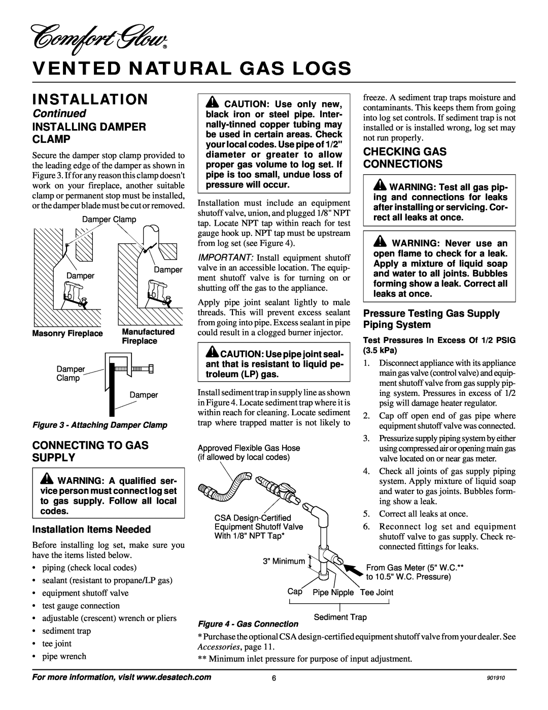 Desa 901910-01A.pdf Vented Natural Gas Logs, Installation, Continued, Installing Damper Clamp, Connecting To Gas Supply 