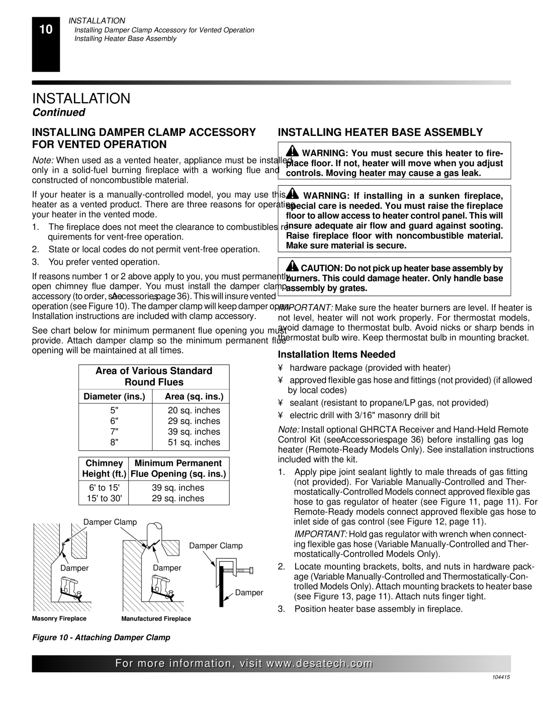 Desa A, B, C, A, C, B Installing Damper Clamp Accessory for Vented Operation, Installing Heater Base Assembly 