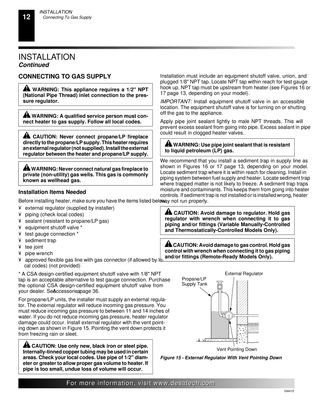 Desa A, B, C, A, C, B installation manual Connecting to GAS Supply, External Regulator With Vent Pointing Down 