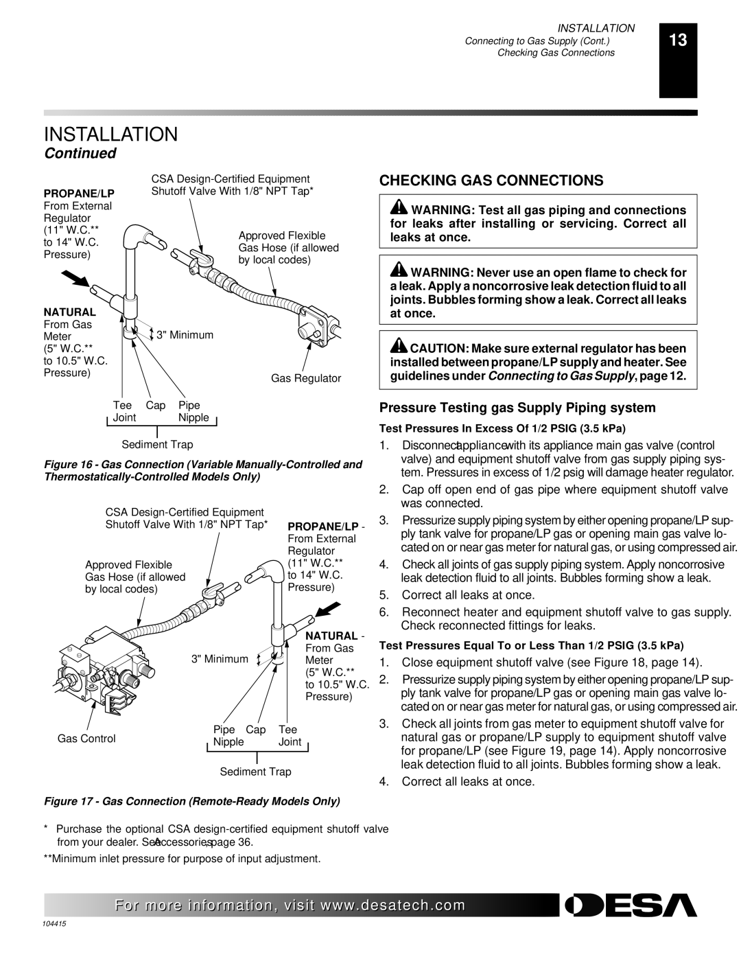 Desa A, C, B, A, B, C installation manual Checking GAS Connections, Pressure Testing gas Supply Piping system 