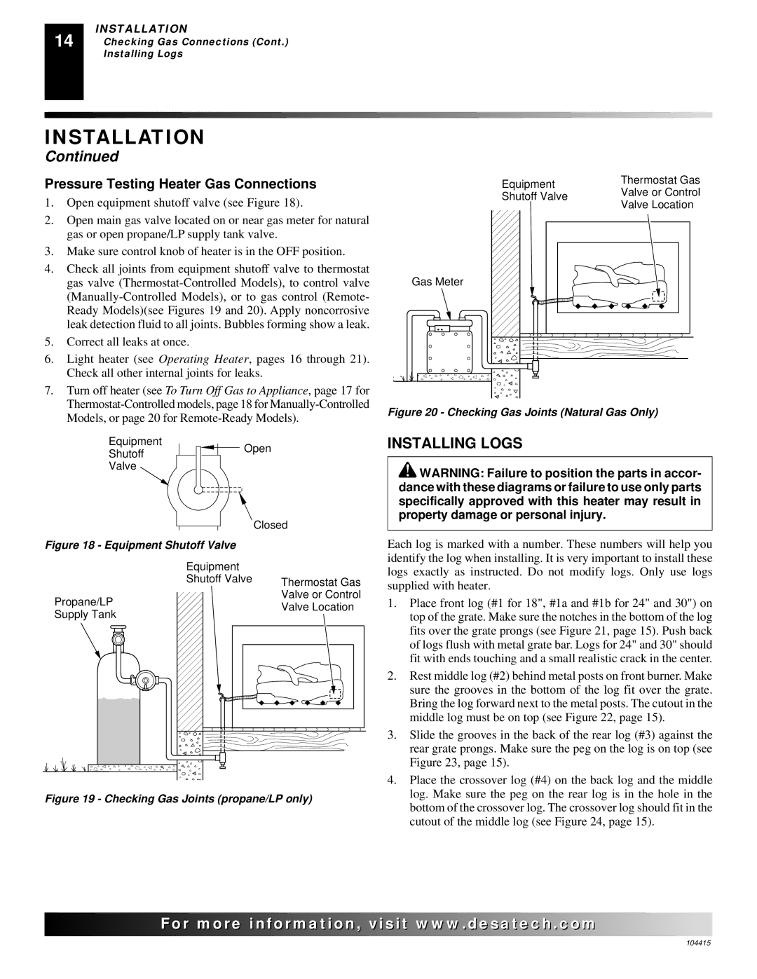 Desa A, B, C, A, C, B installation manual Installing Logs, Pressure Testing Heater Gas Connections 