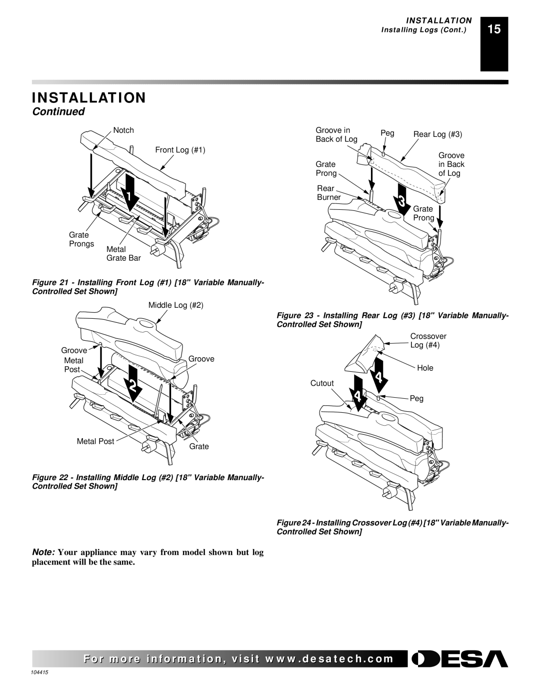 Desa A, C, B, A, B, C installation manual Prong Log Rear Burner Grate 