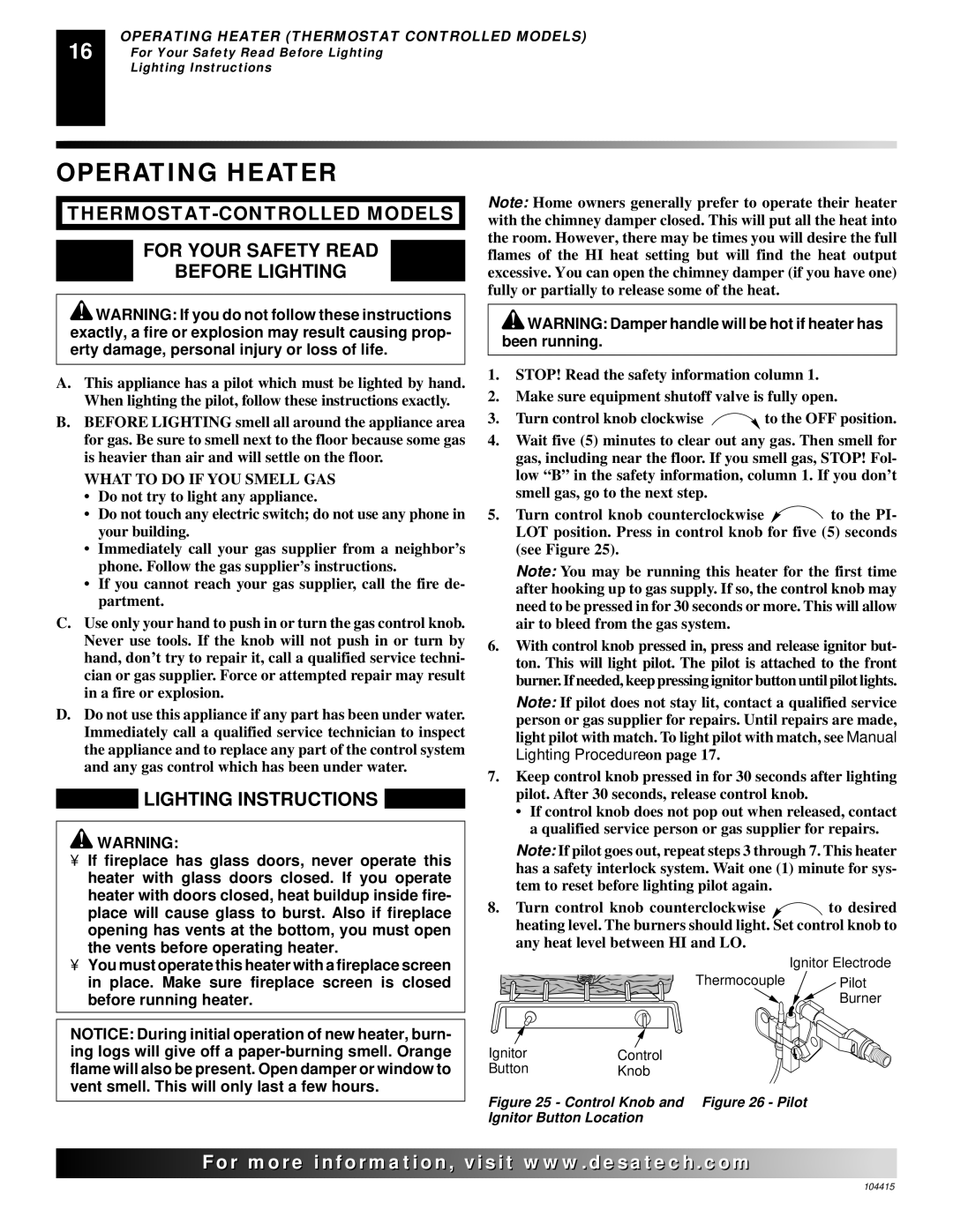 Desa A, B, C, A, C, B installation manual Operating Heater, Lighting Instructions 