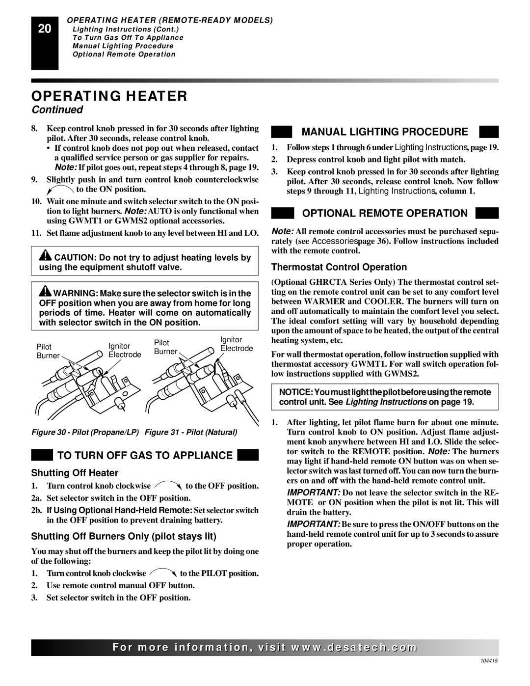 Desa A, B, C, A, C, B installation manual Optional Remote Operation, Thermostat Control Operation 