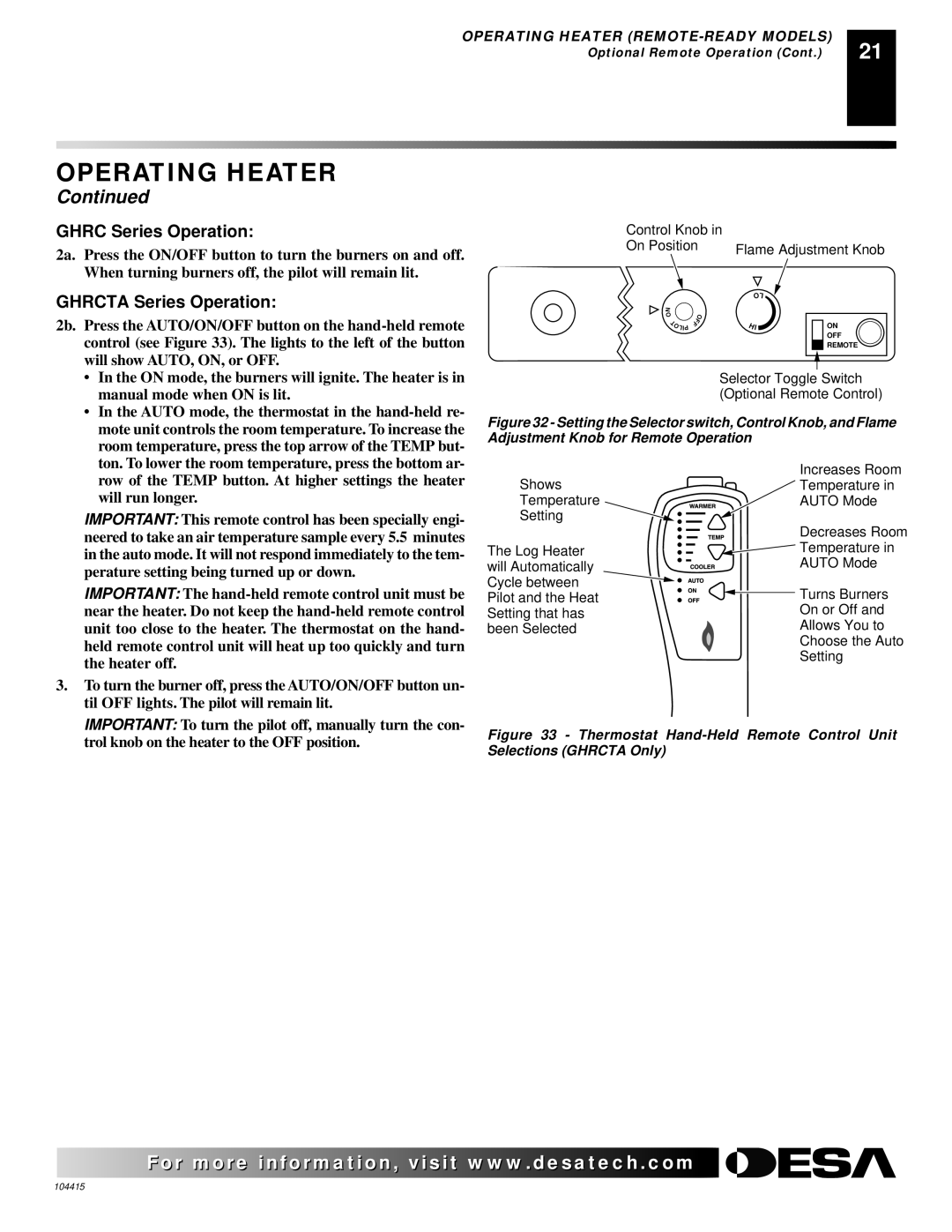 Desa A, C, B, A, B, C installation manual Ghrc Series Operation, Ghrcta Series Operation 