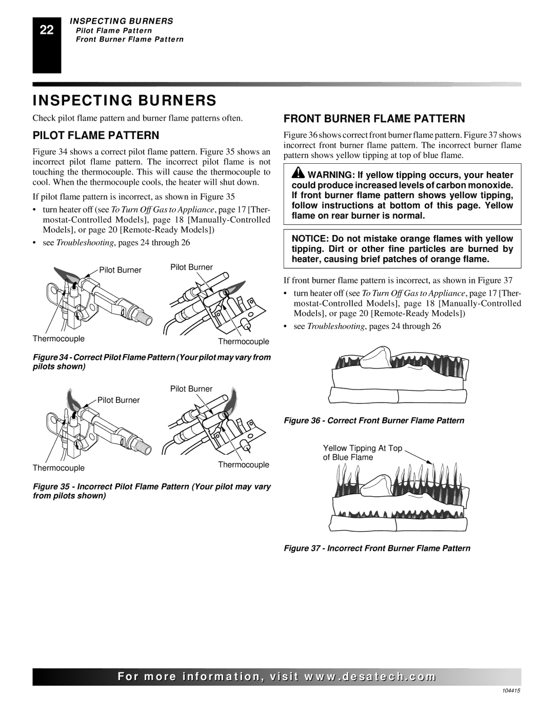 Desa A, B, C, A, C, B installation manual Inspecting Burners, Pilot Flame Pattern, Front Burner Flame Pattern 