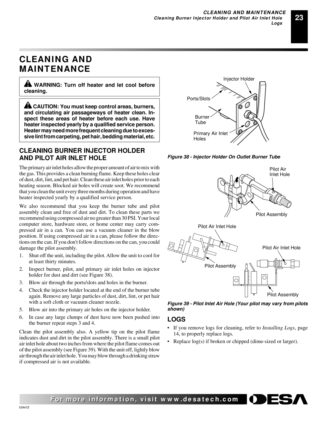 Desa A, C, B, A, B, C Cleaning Maintenance, Cleaning Burner Injector Holder and Pilot AIR Inlet Hole, Logs 