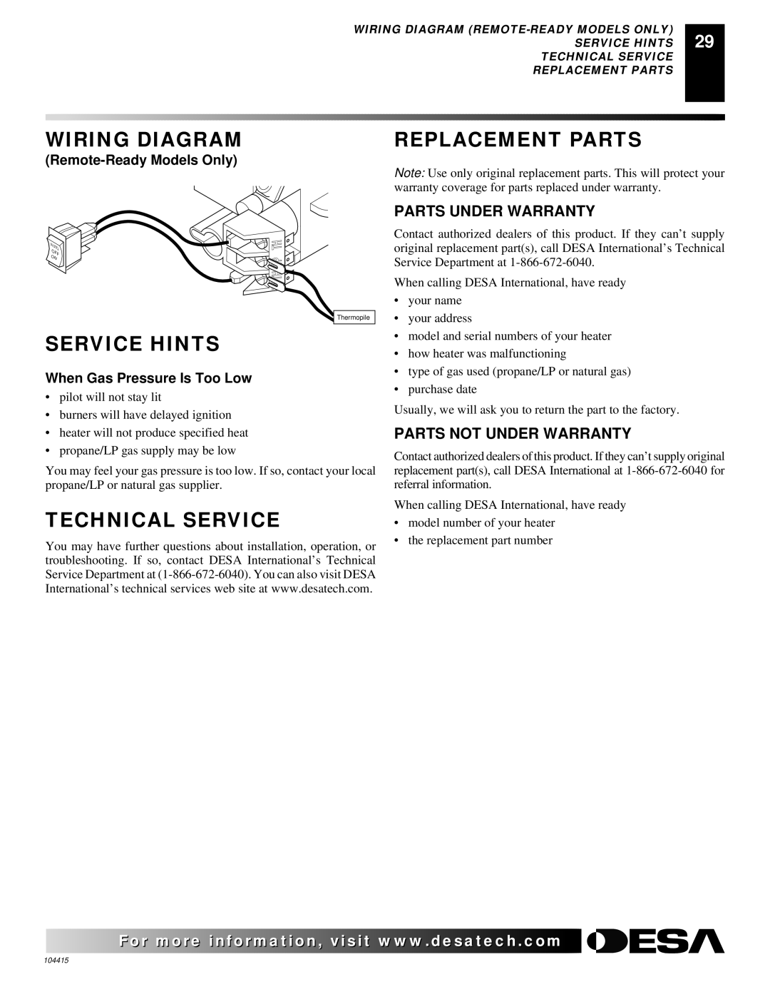 Desa A, C, B, A, B, C Wiring Diagram Replacement Parts, Service Hints, Technical Service, Parts Under Warranty 