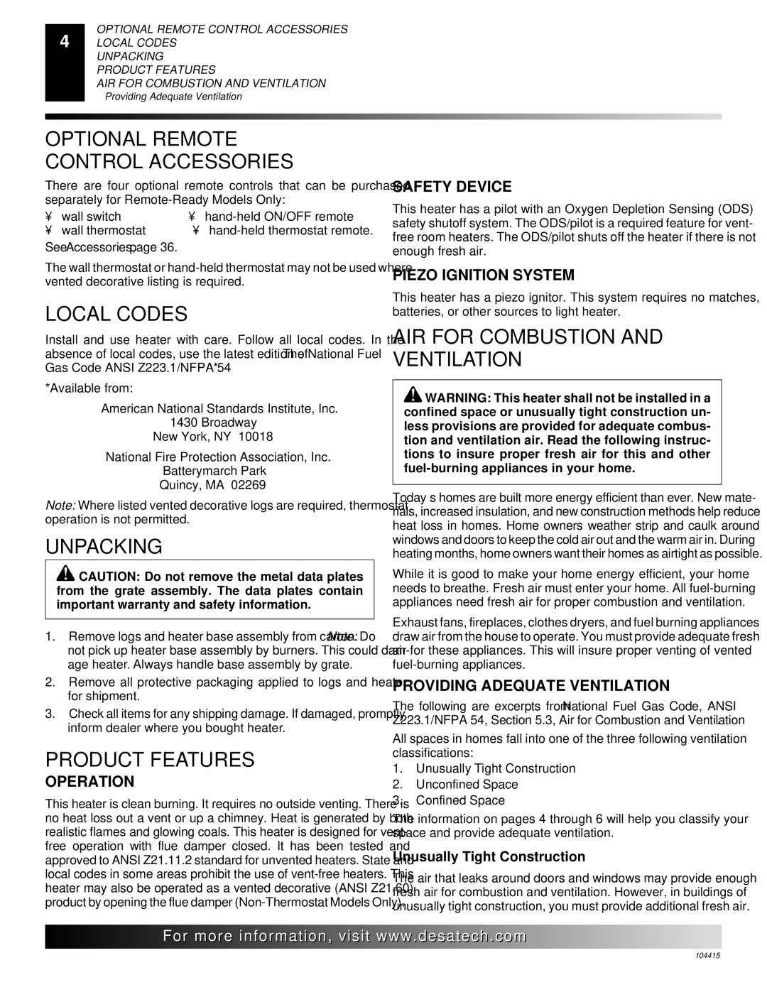 Desa A, B, C, A, C, B installation manual Optional Remote Control Accessories, Local Codes, Unpacking, Product Features 