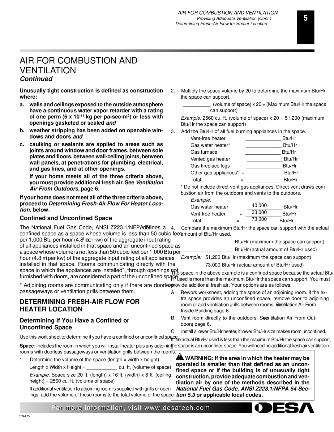 Desa A, C, B, A, B, C installation manual Determining FRESH-AIR Flow for Heater Location, Confined and Unconfined Space 