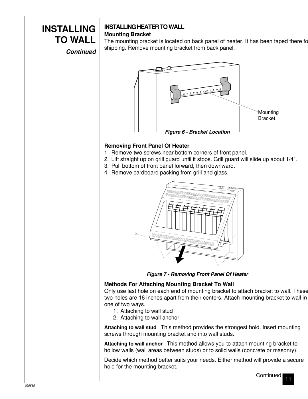 Desa A installation manual Installing Heater to Wall, Mounting Bracket, Removing Front Panel Of Heater 