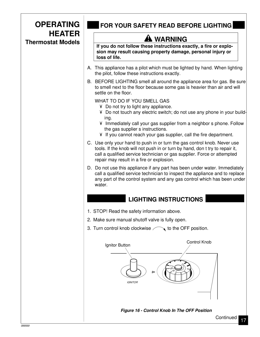 Desa A installation manual Operating Heater, For Your Safety Read Before Lighting 