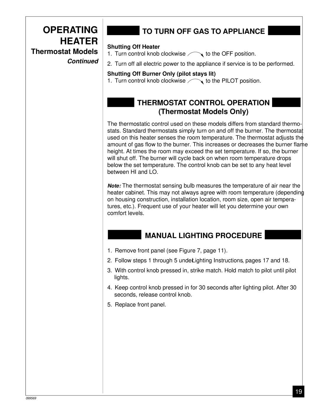 Desa A installation manual Shutting Off Heater, Shutting Off Burner Only pilot stays lit 