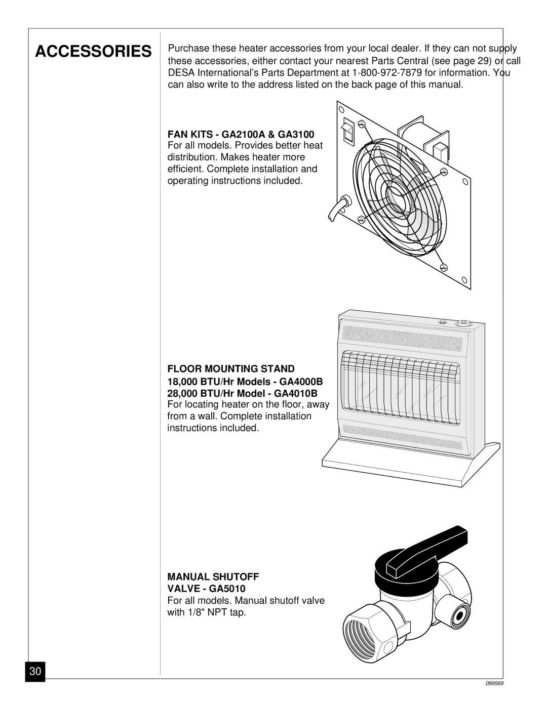 Desa installation manual Accessories, Floor Mounting Stand 18,000 BTU/Hr Models GA4000B, Valve GA5010 