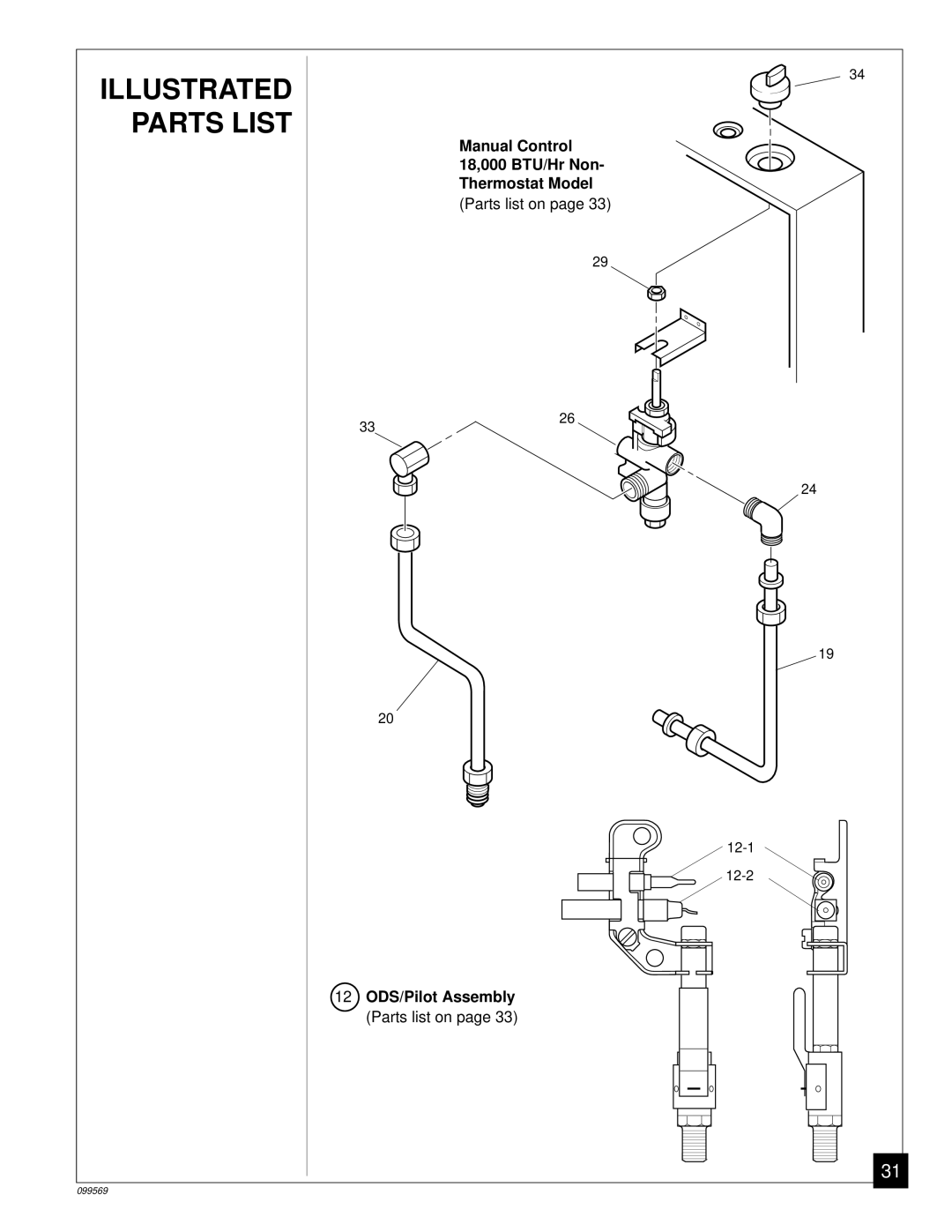 Desa A installation manual Illustrated Parts List, Manual Control 18,000 BTU/Hr Non Thermostat Model 