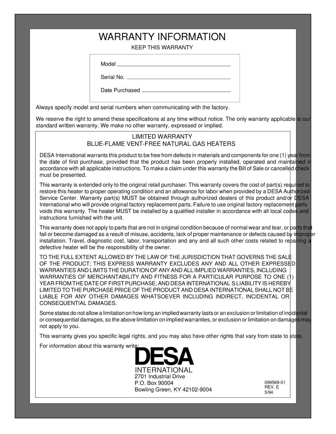 Desa A installation manual Warranty Information, Keep this Warranty 