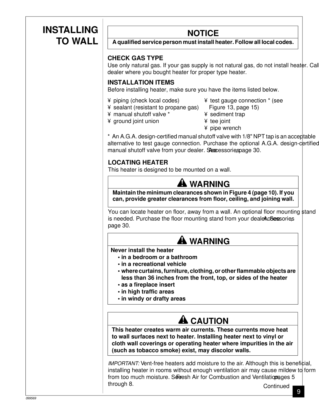 Desa installation manual Installing To Wall, Check GAS Type, Installation Items, Locating Heater 