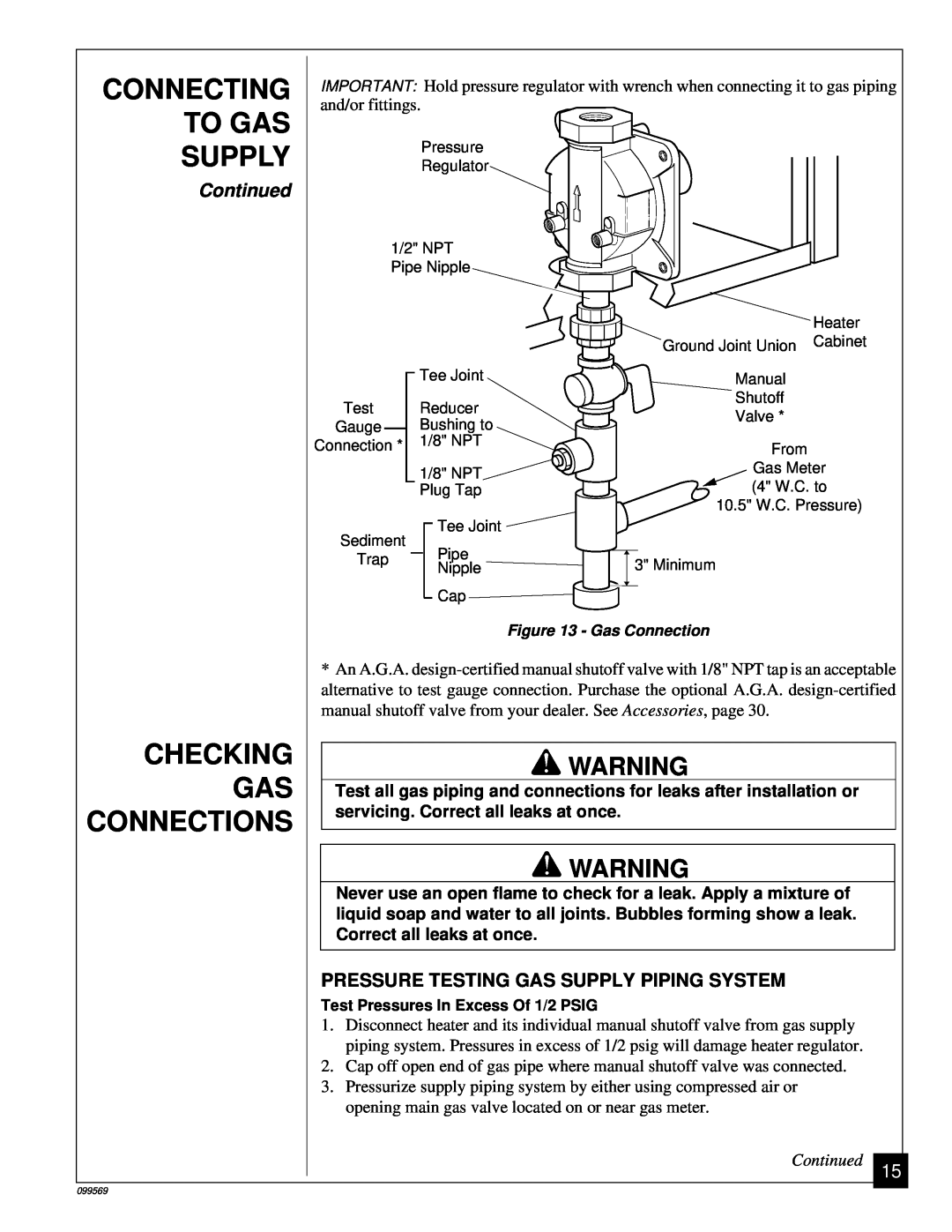 Desa A Checking, Connections, Connecting, To Gas, Supply, Continued, and/or fittings, servicing. Correct all leaks at once 