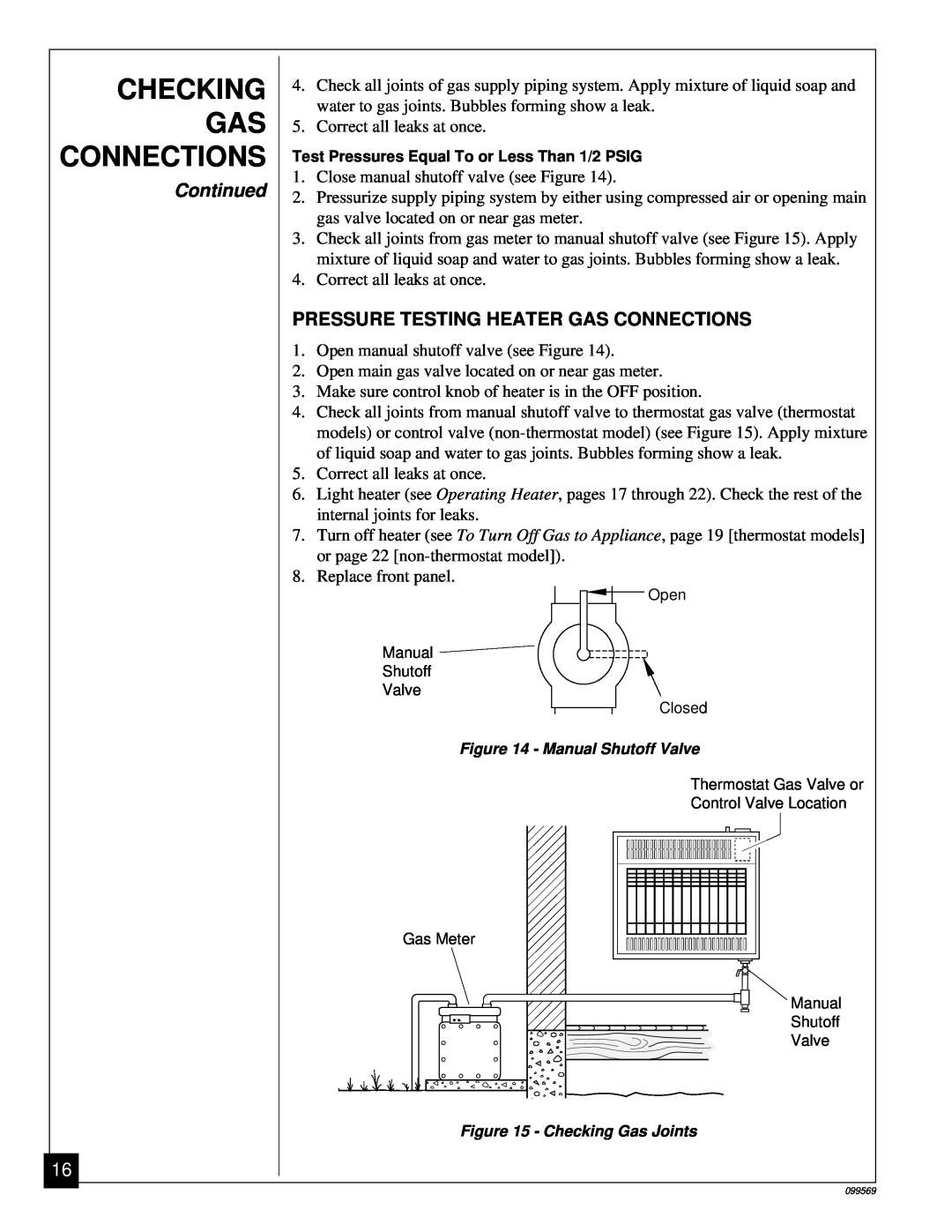 Desa A installation manual Checking, Continued, Pressure Testing Heater Gas Connections 