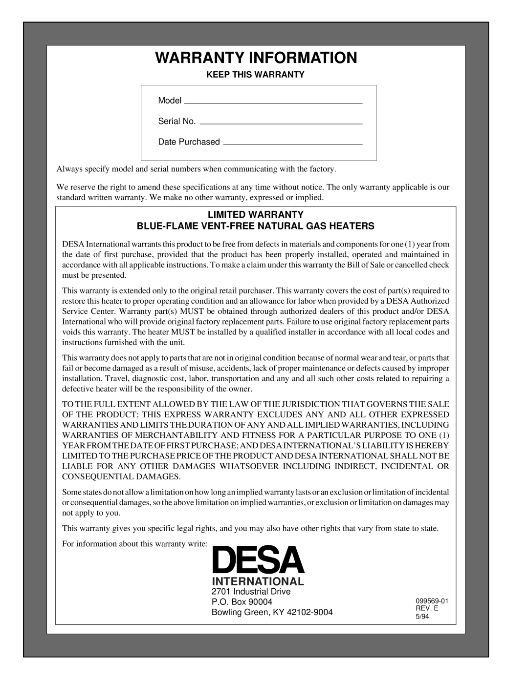 Desa A installation manual Warranty Information, International, Limited Warranty, Blue-Flame Vent-Freenatural Gas Heaters 