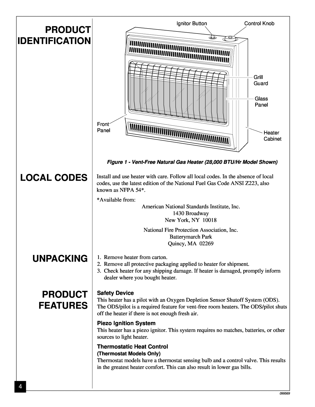 Desa A installation manual Product Identification, Local Codes, Unpacking, Features, Safety Device, Piezo Ignition System 