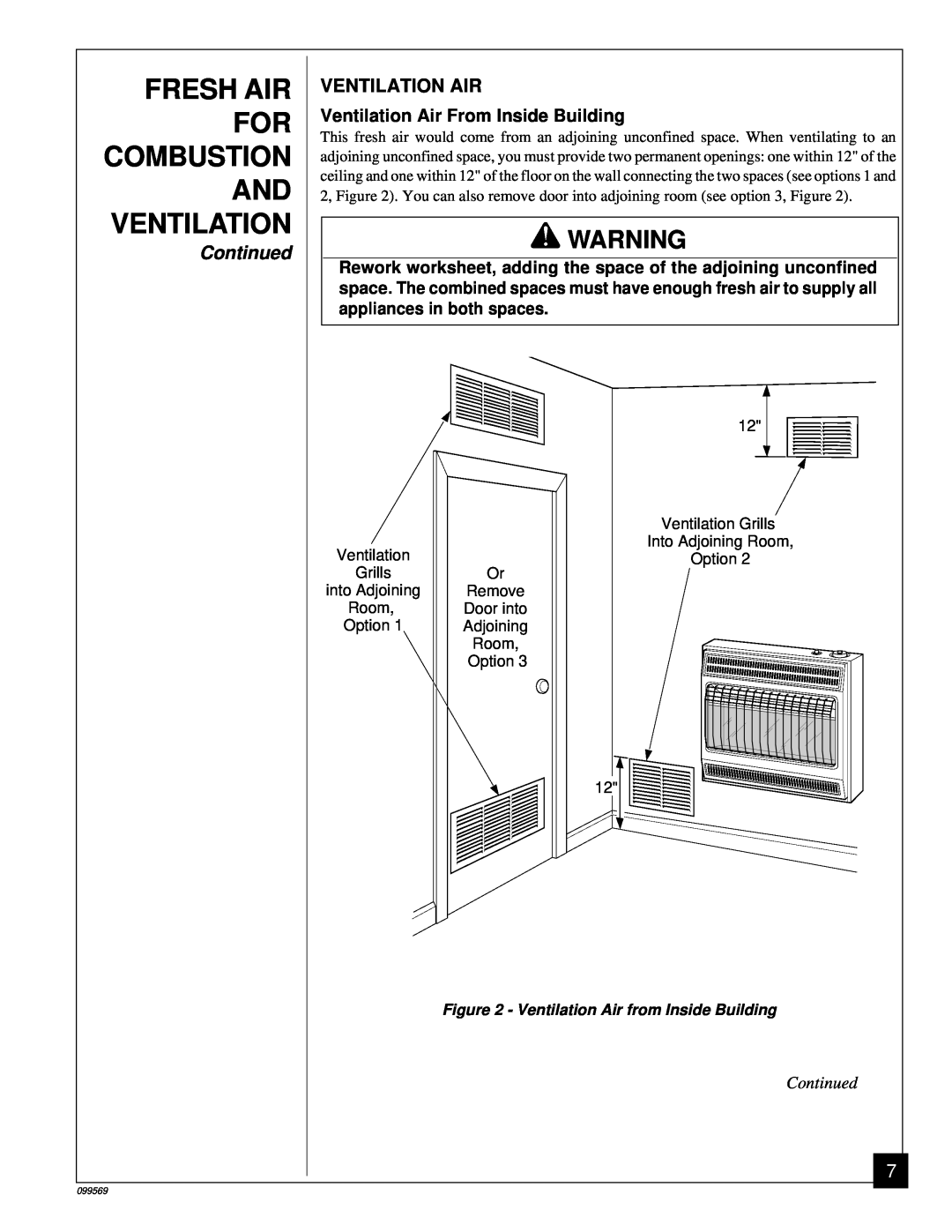 Desa installation manual Fresh Air For Combustion And Ventilation, Continued, Ventilation Air From Inside Building 