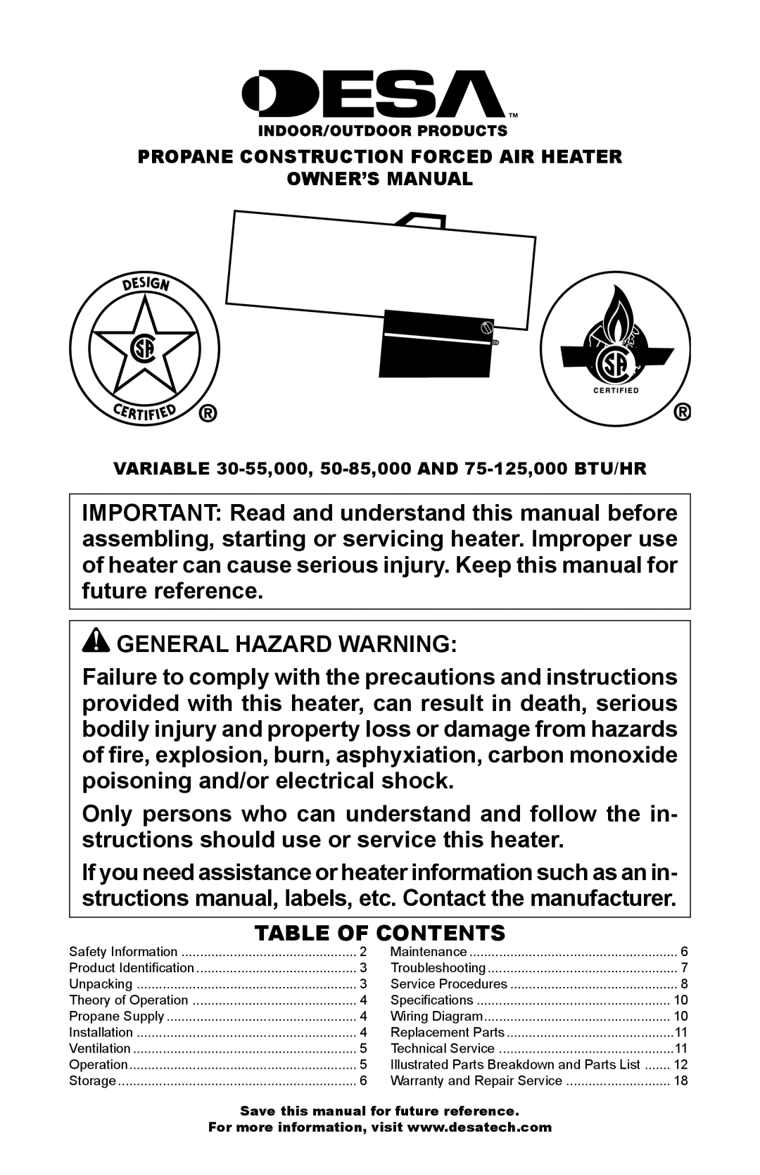 Desa Air Conditioner owner manual General Hazard Warning, Table of Contents 