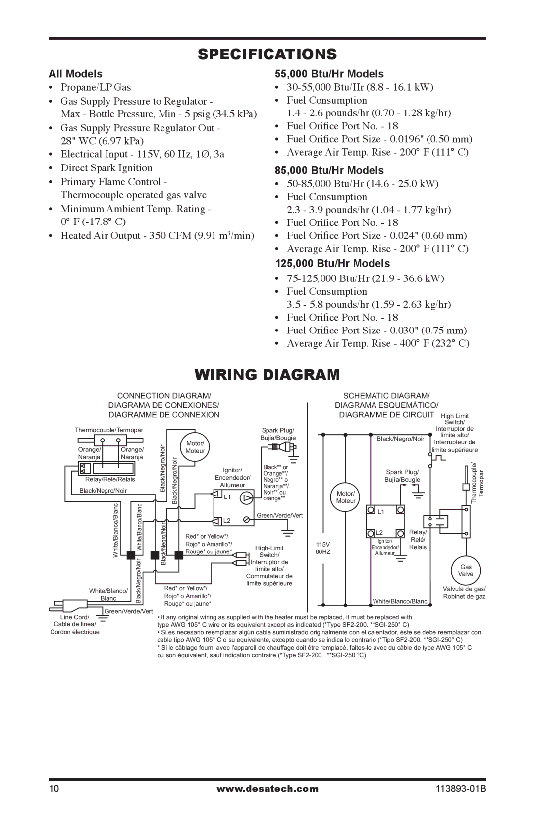 Desa Air Conditioner owner manual Specifications, Wiring Diagram, Propane/LP Gas Gas Supply Pressure to Regulator 