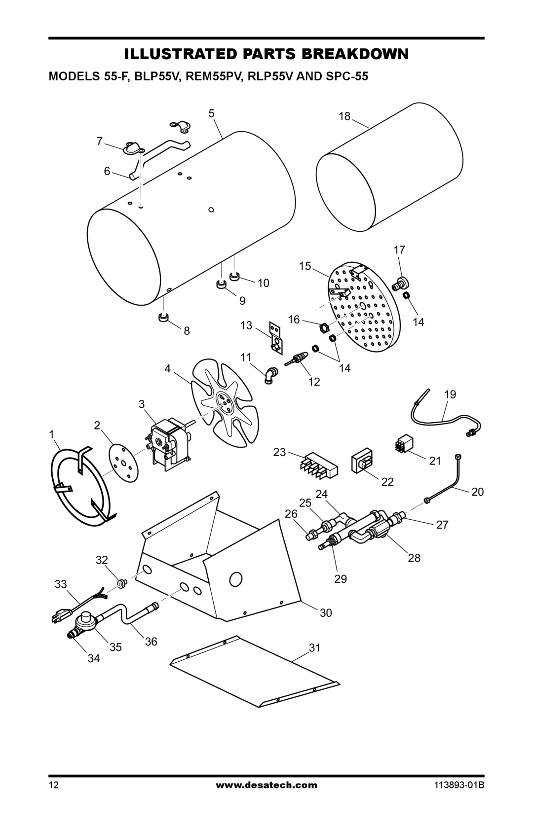 Desa Air Conditioner owner manual Illustrated Parts Breakdown, Models 55-F, BLP55V, REM55PV, RLP55V and SPC-55 