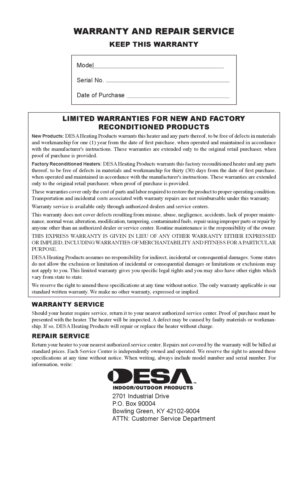 Desa Air Conditioner owner manual Warranty and Repair Service, Keep this Warranty 