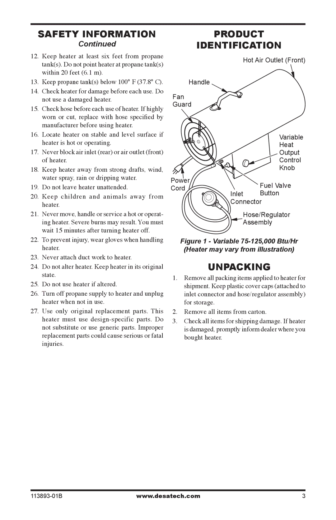 Desa Air Conditioner owner manual Product Identification, Unpacking 